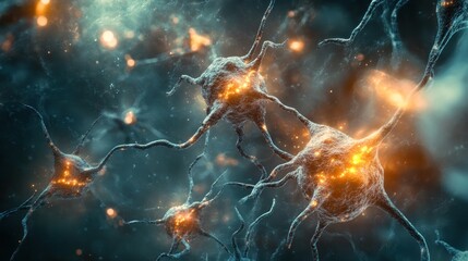 Microscopic view of glowing neurons connecting. (1)