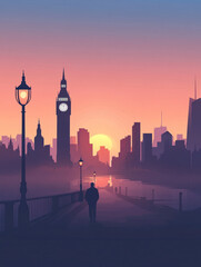 Obraz premium silhouette of person walking along riverbank at sunset, with iconic buildings and clock tower in background. scene evokes sense of tranquility and urban beauty