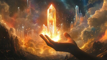 Glowing crystal held in hand, fiery landscape.