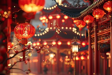 Festive Lanterns Illuminating Vibrant Asian Street at Dusk