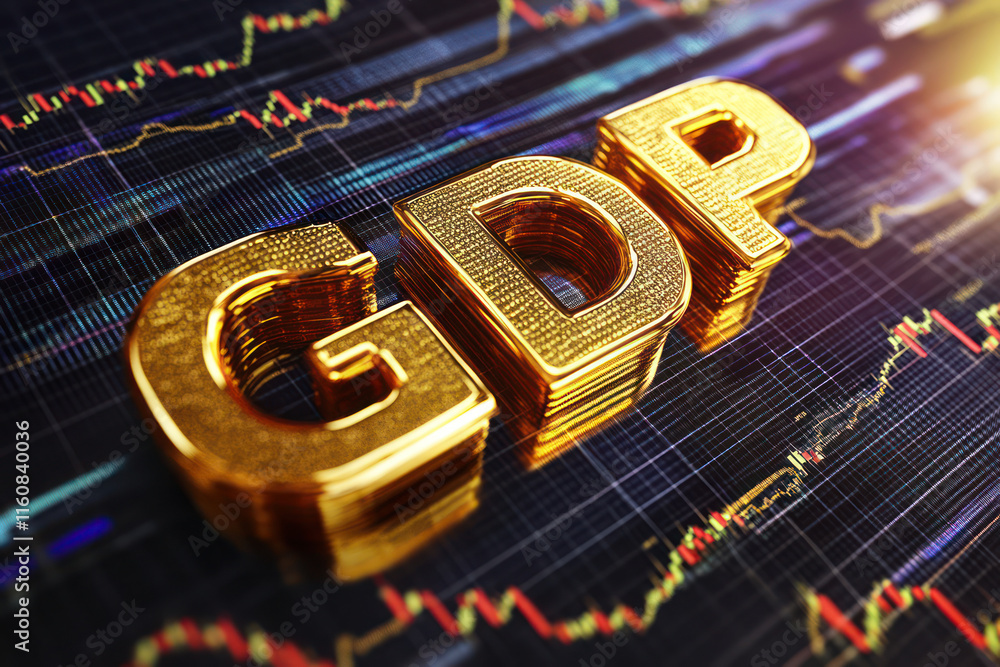 Poster vector graphic of golden gdp text on financial background with charts and graphs, symbolizing econom