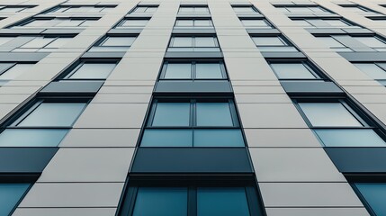 Close-up of a modern office building featuring blue glass windows. The architectural design highlights urban elegance and sophistication.