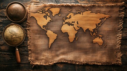Naklejka premium Vintage World Map on Rustic Fabric with Compass and Globe Elements