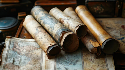 Vintage paper scroll, old manuscript, ancient treasure map parchment, antique papyrus. Isolated vector time-worn relics or artifacts evoke a sense of history, mystery, adventure, and weight of time