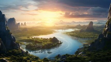 A calm river winding through a lush green valley, golden hour lighting, space on the left for text, generative ai illustration