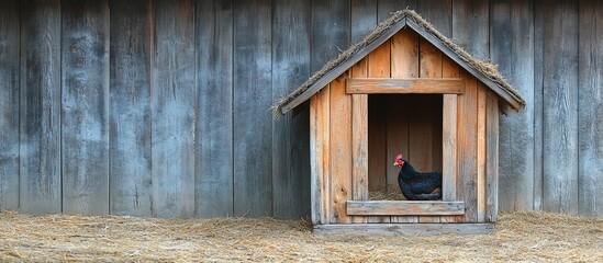 Rustic Charm: A Black Hen in its Wooden Coop