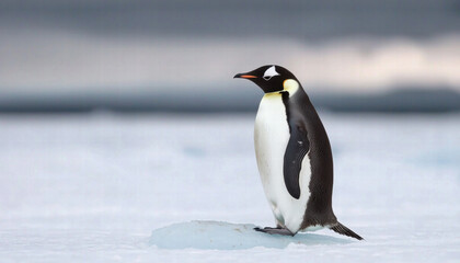 Fototapeta premium Climate change ecosystem global crisis. Penguin standing on ice in cold environment