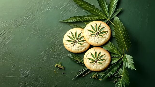 Cannabis Cookies Flat Lay with Hemp Leaf Imprints on Green Surface