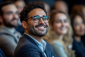 Diversity business audience group smiles and happy listening to male speaker giving a speech in corporate seminar event at conference room, Generative AI