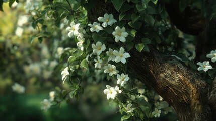 Obraz premium White flowers blooming on a tree trunk.