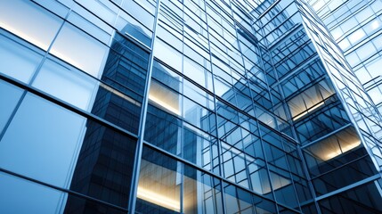 Close-up of a modern office building featuring blue glass windows. The architectural design highlights urban elegance and sophistication.