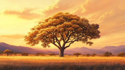 Obraz premium Solitary acacia tree in golden savanna at sunset.