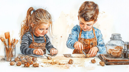 Children baking cookies together, focused and enjoying process
