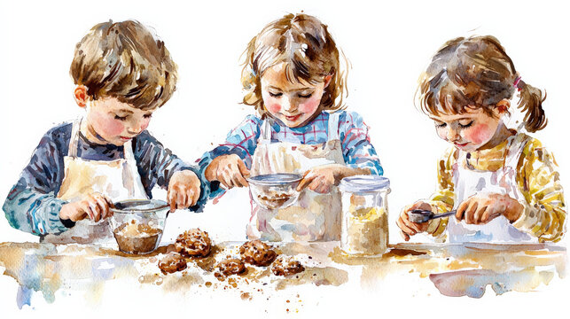 Children measuring ingredients for baking cookies in joyful scene