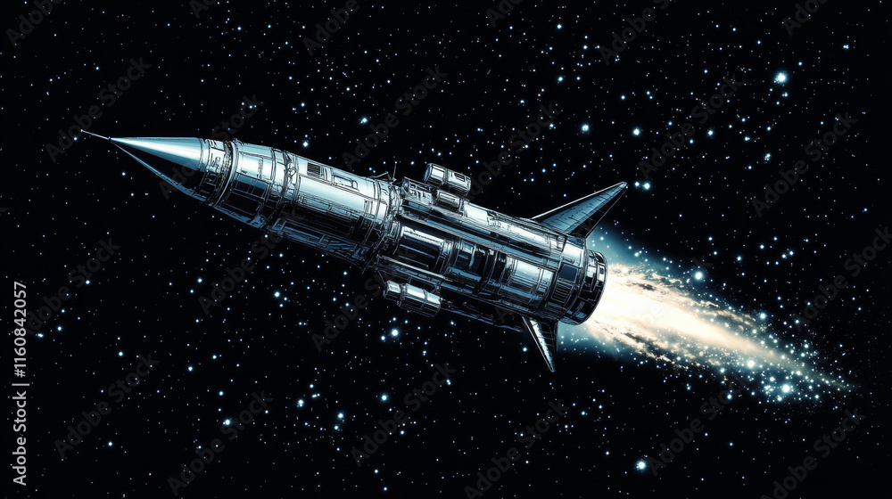 Poster spaceships and rockets flying in space or idea of logo. jpeg version also available in gallery