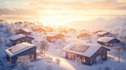 Fototapeta premium Snowy village with solar panels on rooftops at sunset. (1)