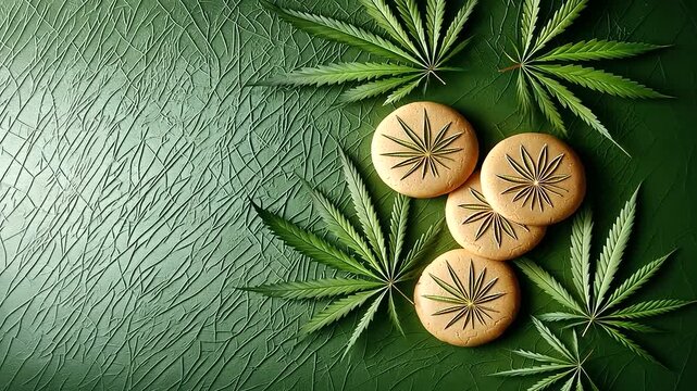 Cannabis Cookies on Green Surface with Hemp Leaf Imprints