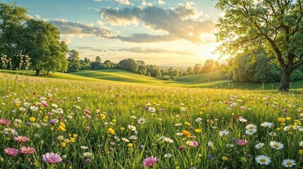 Fototapeta premium Beautiful wildflower meadow at sunset