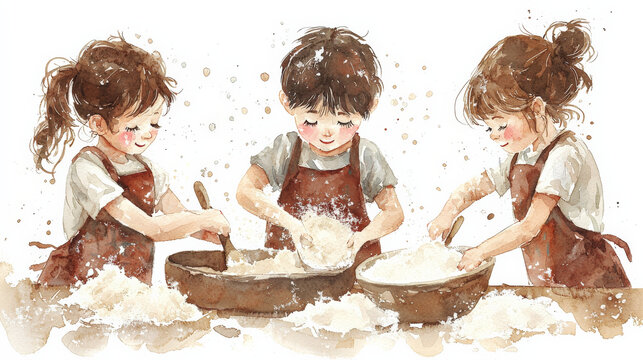 Whimsical watercolor painting of children baking in aprons, joyful moments