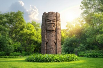Ancient stone tower, a beacon of history, with intricate carvings reminiscent of Celtic symbols etched into its surface stands tall amidst lush greenery under the sun A vibrant rainbow arches across