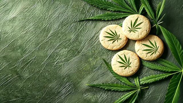 Cannabis Cookies with Hemp Leaf Imprints on Green Textured Surface
