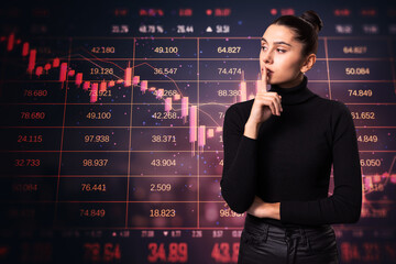 Businesswoman pondering in front of a declining stock market chart.