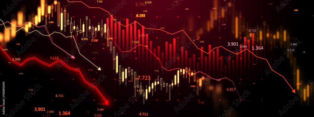 Poster financial market chart showing downward trends with red candlesticks and graphs on a dark background