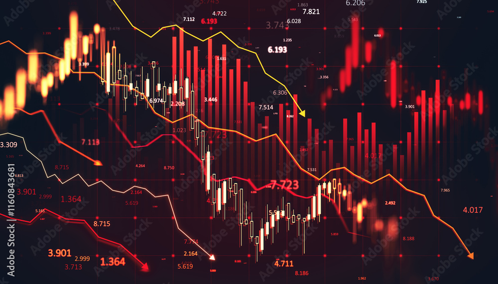 Poster Abstract financial chart showing declining market trends with red and yellow graphs on a dark background. 3D Rendering