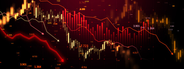 Financial market chart showing downward trends with red candlesticks and graphs on a dark background. Concept of stock market crisis. 3D Rendering © Who is Danny