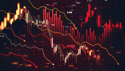 Abstract financial chart showing declining market trends with red and yellow graphs on a dark background. 3D Rendering