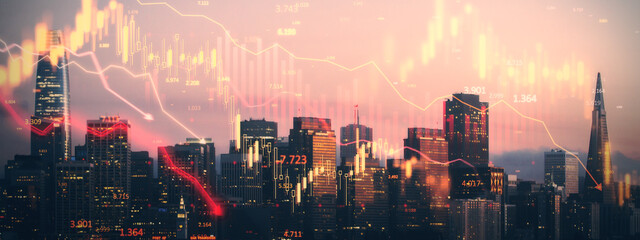 Financial crisis concept with double exposure of falling stock market chart over San Francisco city skyline at dusk.