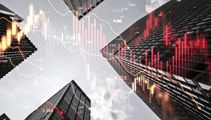Financial crisis concept with red stock market chart overlay on skyscrapers and cloudy background.