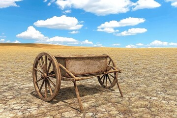 Obraz premium A wooden cart rests in a dry, cracked landscape under a bright blue sky with clouds.