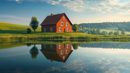 Obraz premium Red house reflecting in calm lake at sunrise.