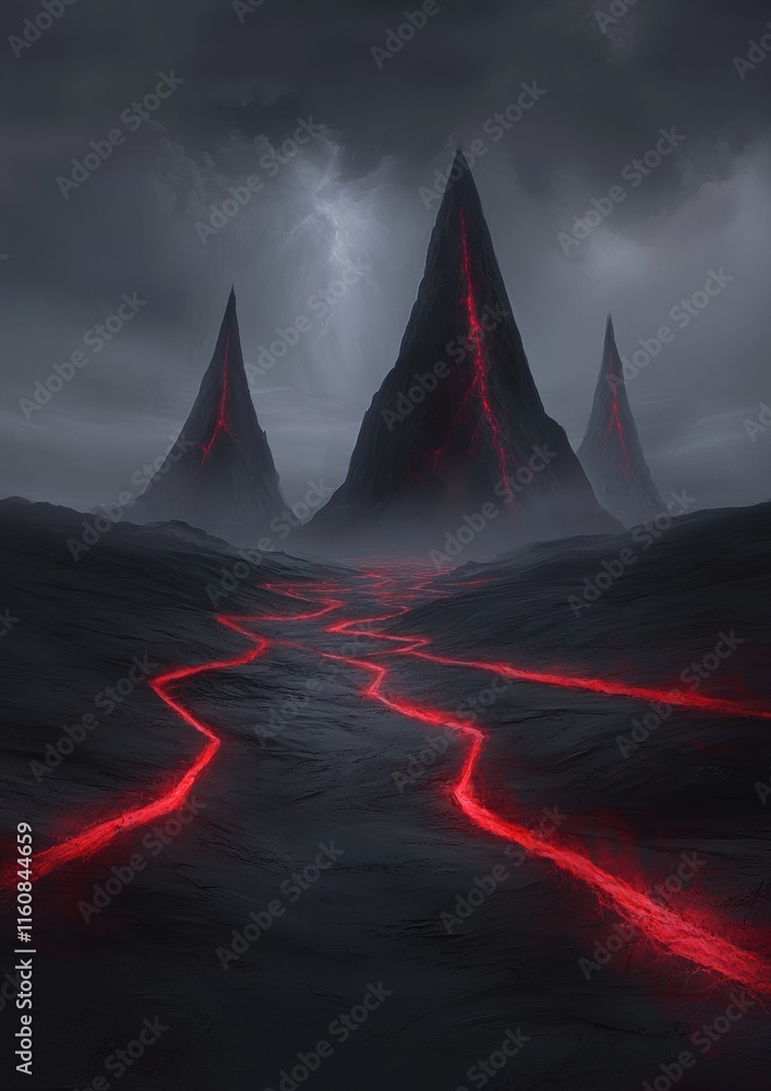 Poster a lava flow is depicted in a black and red color scheme