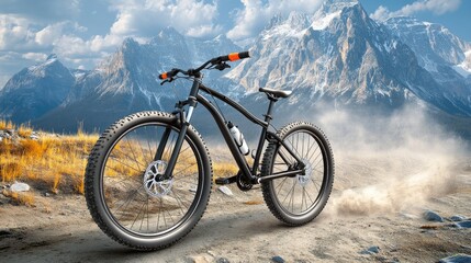 Fototapeta premium A mountain bike on a rugged trail with majestic mountains in the background.