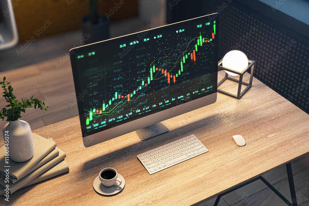 Aufkleber Trading chart displayed on computer monitor on wooden desk in modern workspace, symbolizing investment and financial technology. 3D Rendering