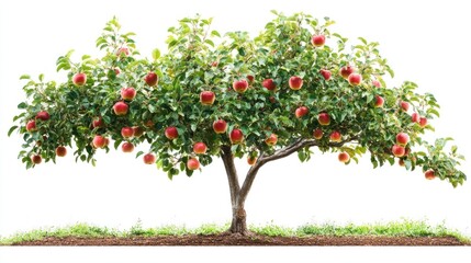Lush apple tree laden with ripe red apples against a white background.