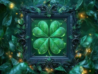Discover the allure of A green four-leaf clover in an intricate glass frame, embodying charm and artistry This captivating image displays nature's luck encased within ornate elegance Perfect for
