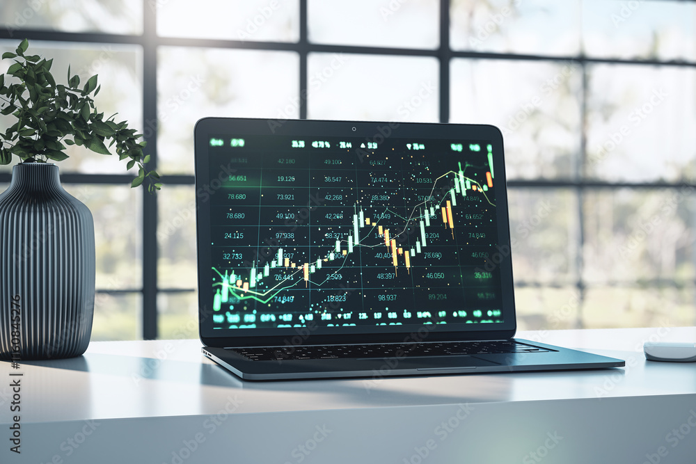 Poster laptop displaying forex trading chart with rising candlesticks on desk near a vase. 3d rendering