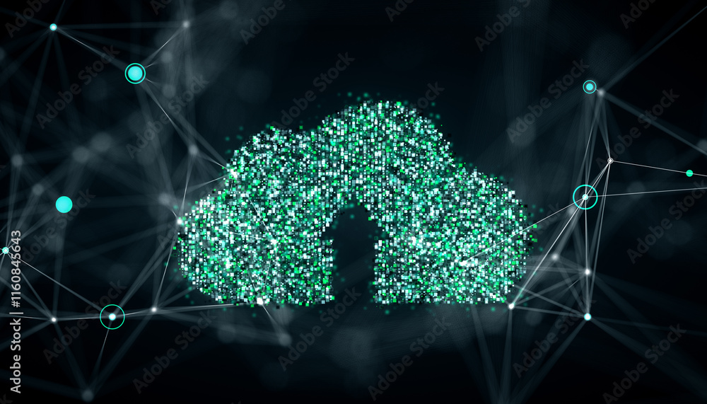 Poster abstract cloud symbol composed of glowing green pixels on a dark background. 3d rendering