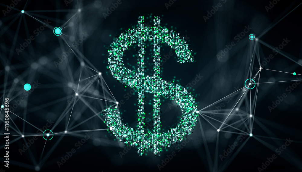 Poster Digital dollar sign composed of glowing particles with network connections on dark background. Concept of finance and virtual economy. 3D Rendering