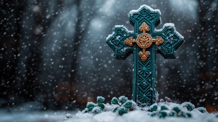 Obraz premium Discover the spiritual tradition of St Patrick's Day with this Celtic cross image, intricately decorated with green and gold accents A symbol of faith and heritage, this cross is surrounded by