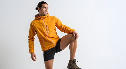 Man in Mustard Yellow Jacket Athletic Shorts Brown Boots Studio Shot