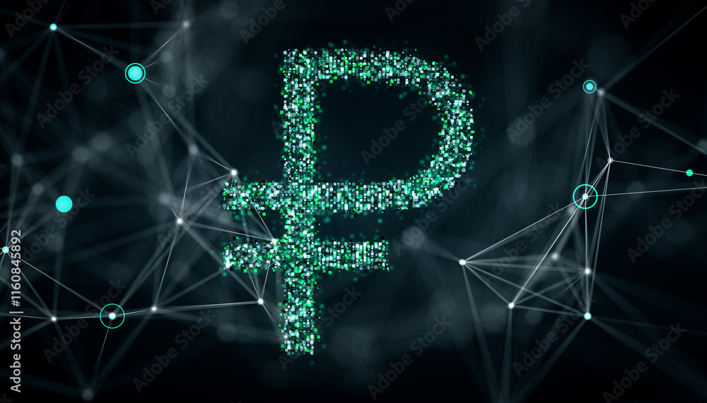 Aufkleber digital ruble currency symbol made of glittering particles on a network background. 3d rendering