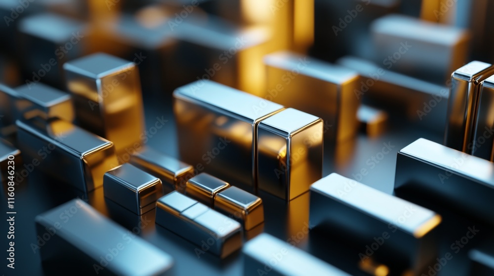 Poster abstract 3d metallic blocks in warm golden lighting reflection