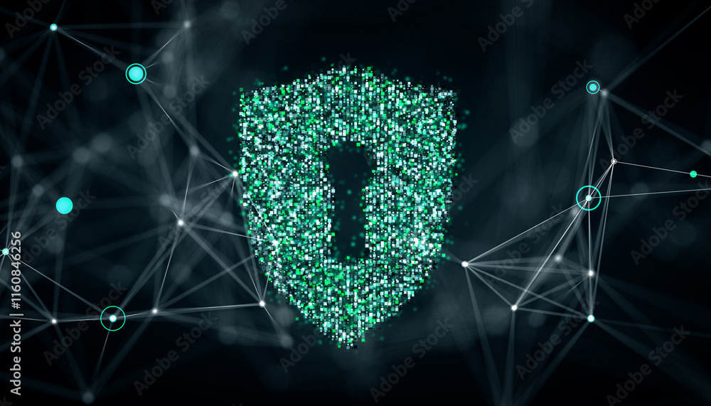 Poster Digital shield symbol composed of glowing pixels with wireframe network connections on a dark background representing cybersecurity. 3D Rendering