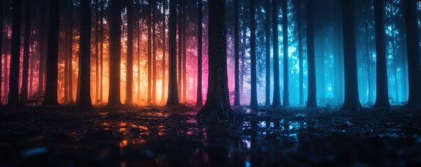 Obraz premium Enchanting misty forest bathed in rainbow reflections, a breathtaking spectacle of natural beauty Witness the interplay of light and color as vibrant hues illuminate the serene woods Experience the