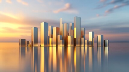 Fototapeta premium Futuristic Cityscape Reflection at Sunrise with Golden Light