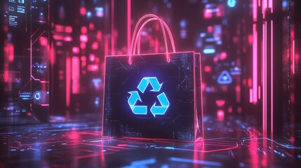 Futuristic digital shopping bag with glowing recycle symbol against vibrant neon background, representing sustainable consumerism and eco-friendly practices in modern retail environments.
